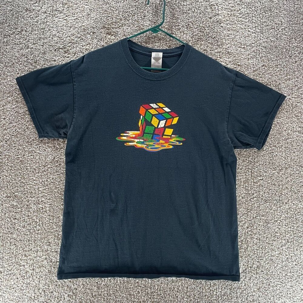 Vintage Rubix Cube Shirt Mens Large Black Short Sleeve Y2K Gildan Cotton Casual